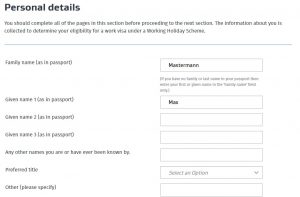 Working Holiday Visum Guide persoenliche Daten Reisepass